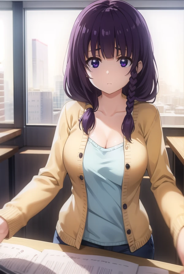 mayumatsukaze, <lora:mayu matsukaze s1-lora-nochekaiser:1>,
mayu matsukaze, long hair, bangs, purple hair, (purple eyes:1.1), braid, single braid, hair over shoulder,
BREAK shirt, pink shirt, collarbone, cleavage, cardigan, yellow cardigan,
BREAK indoors, classroom,
BREAK looking at viewer, (cowboy shot:1.5),
BREAK <lyco:GoodHands-beta2:1>, (masterpiece:1.2), best quality, high resolution, unity 8k wallpaper, (illustration:0.8), (beautiful detailed eyes:1.6), extremely detailed face, perfect lighting, extremely detailed CG, (perfect hands, perfect anatomy),
