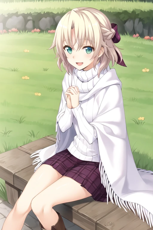 <lora:KagamigawaNoelleV1:0.6>kagamigawa noelle, kagamigawa noelle\(white sweater\), kagamigawa noelle\(hair bow\), kagamigawa noelle\(white poncho\), 1girl, solo, boots, smile, plaid skirt, open mouth, outdoors,grass,sitting, hands on legs