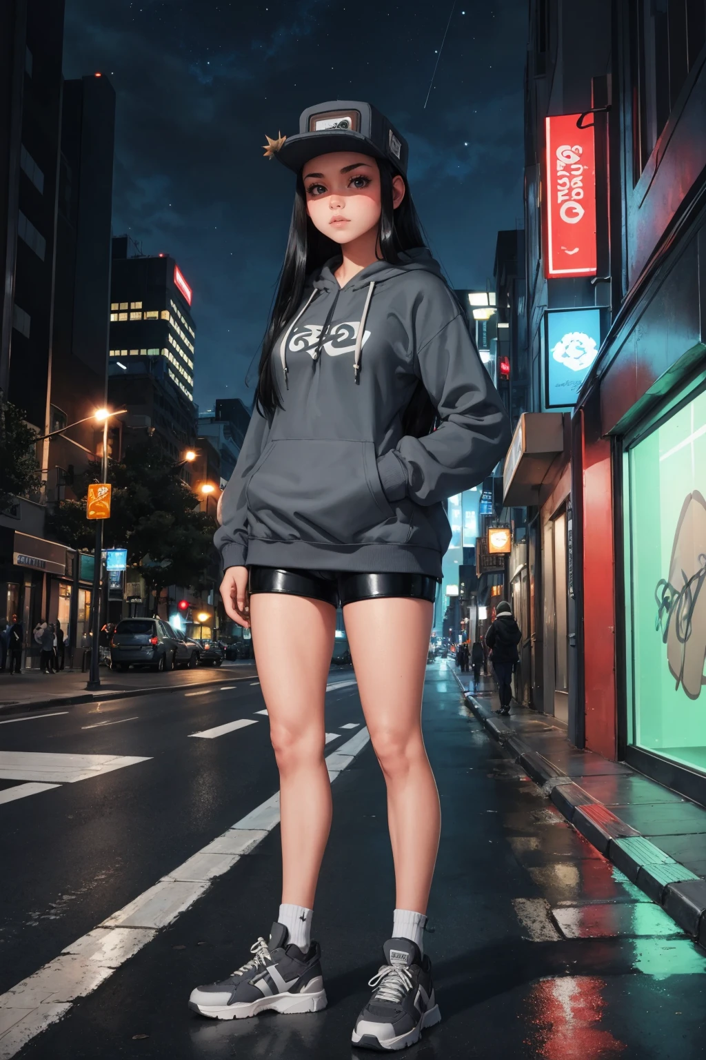masterpiece, best quality, <lora:cassettegirl-nvwls-v1-000009:0.9> cassettegirl, hat, grey hoodie, short shorts, sneakers, cityscape, graffiti, standing, wide shot, night sky, night, glowing