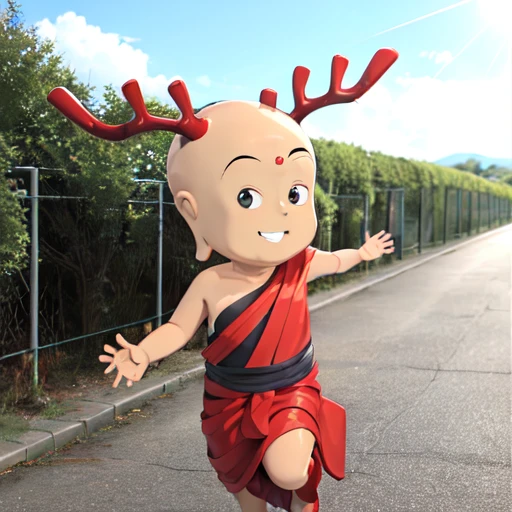sentokun, <lora:sentokun:1:lbw=1,0,0,0,0,0,0,0,0,0,0,0,0,1,1,1,1,1,1,1,0,0,1,0,0,0>
1boy, shaved head, big head, deer horns, single bare shoulder, monk, smiley face, , robe, pointy ears, bare arms, chibi, child,outdoors, running,