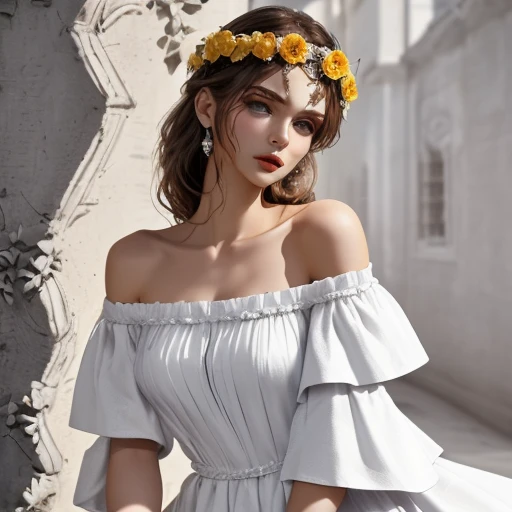 The best beauty.Wear a garland on your head.Off the shoulder dress with lace.,<lora:佳人-000010:1>,absurdres,