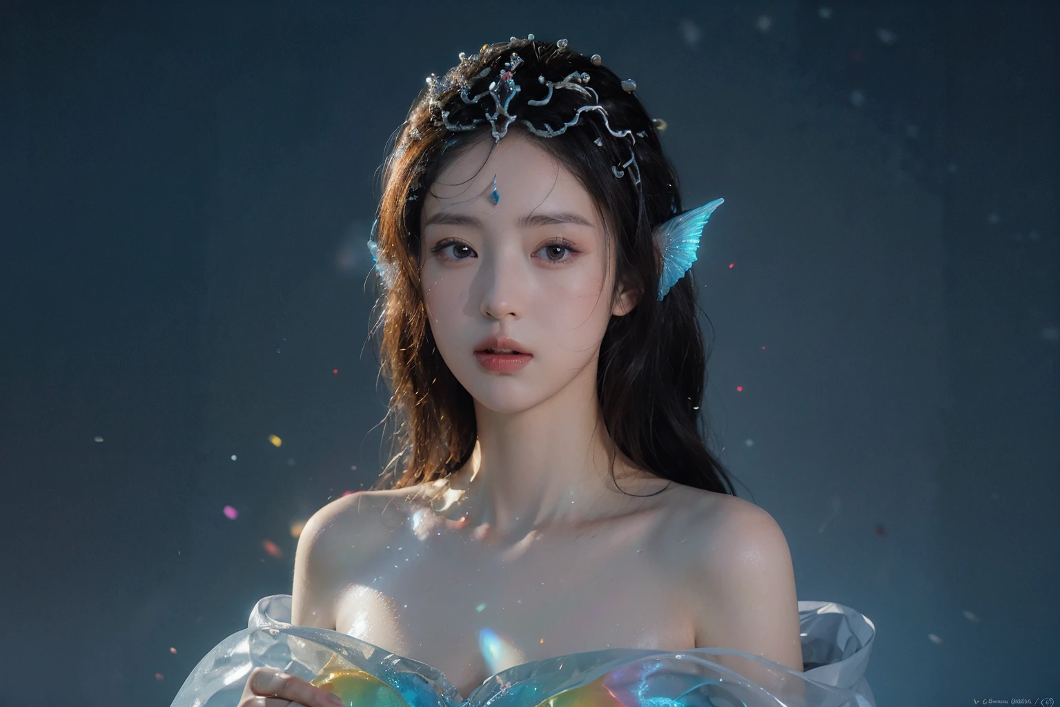 ethereal fantasy concept art of <lora:nvshenlongv2:0.8>,swimming,mermaid,crown,head fins,masterpiece,best quality,highres,1girl,perfect stature,fashion pose,bangs,<lora:liuli:0.6>,chromatic dispersion,(metallic_lustre:0.8),(tansparent_plastic:1.3),coloured glaze,Polychromatic prism effect,rainbowcore,iridescence/opalescence,glowing colors,aluminum foil,Glowing ambiance,<lora:anxiang:0.2>,curvy,big breasts,narrow waist,, best quality , masterpiece, illustration, an extremely delicate and beautiful, extremely detailed ,CG,unity,8k wallpaper, Amazing, finely detail, masterpiece, best quality,official art,extremely detailed CG unity 8k wallpaper,absurdres, incredibly absurdres, huge filesize , ultra-detailed, highres, extremely detailed,beautiful detailed girl, extremely detailed eyes and face, beautiful detailed eyes,light on face, . magnificent, celestial, ethereal, painterly, epic, majestic, magical, fantasy art, cover art, dreamy