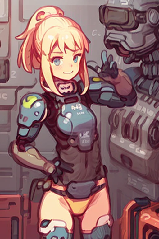 1girl, blonde hair, thighhighs, long hair, robot, gloves, leotard, helmet, ponytail, smile
