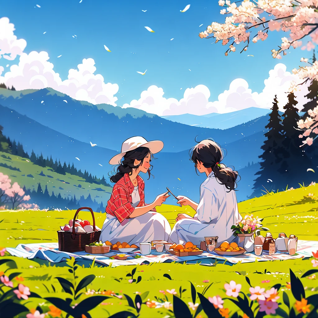 chahua, picnic, 2girls, outdoors, hat, black hair, food, tree, open mouth, grass, shirt, sky, smile, closed eyes, white headwear, flower, cloud, sitting, long hair, holding, blush, blurry foreground, spoon, blurry, mountainous horizon, blue sky, plaid shirt, day, fruit, petals, mountain, picnic basket, hair ornament, feeding, white shirt, bird<lora:chahua_v1:1>