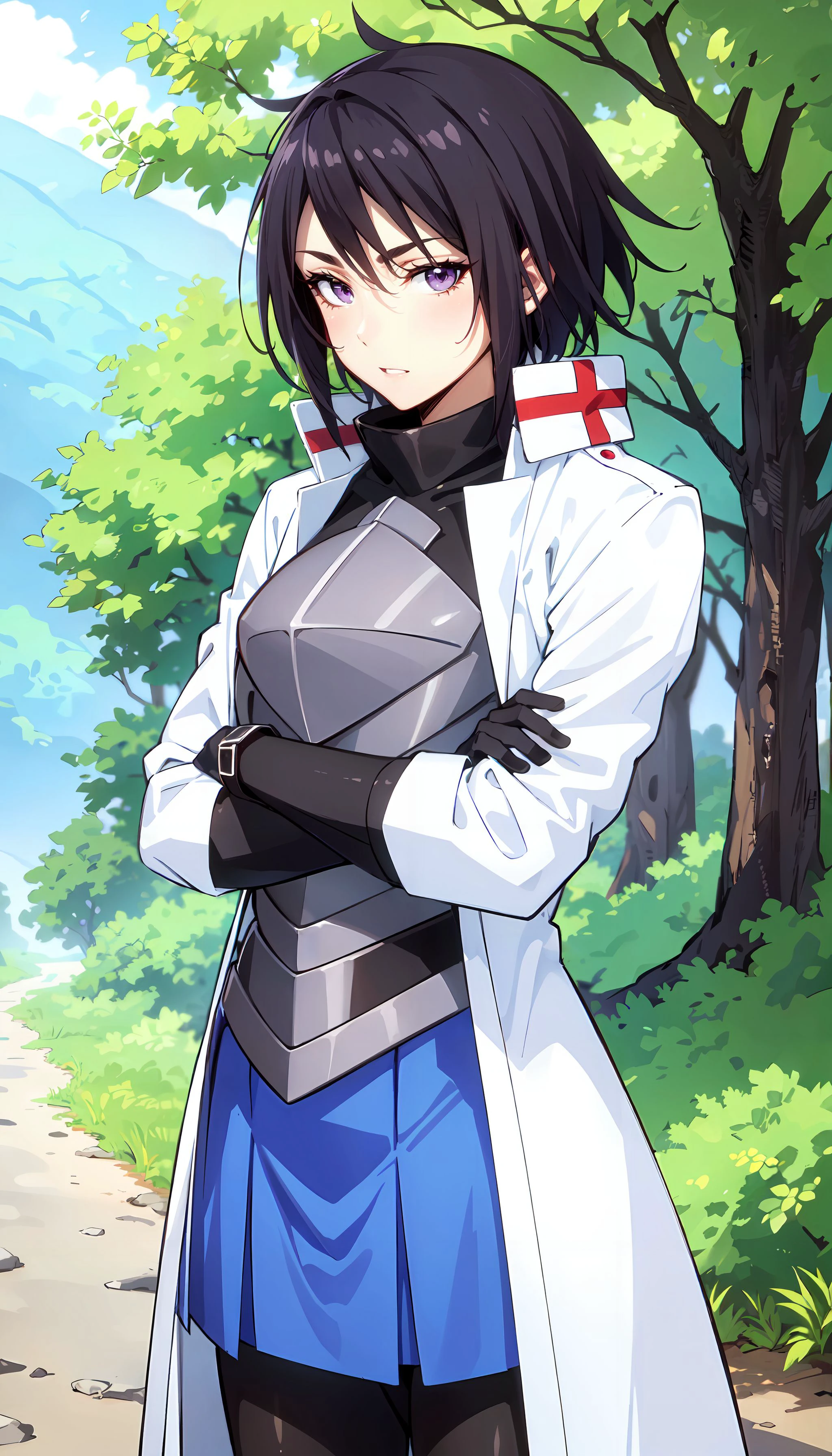 photorealistic, (4k), depth of field, (Masterpiece), (realistic skin texture), extremely detailed, intricate, hyper detailed, professional photography, bokeh, high resolution, sharp detail, best quality, woman, white coat, long coat, breastplate, black pants, purple skirt, short hair, black hair, purple eyes, high collar, black gloves, <lora:Hinata_Sakaguchi:0.7> , <lora:GoodHands-vanilla:0.8> , (crossed arms:1.3), outdoors, forest, trees, bushes, dirt path, ditch, cowboy shot,