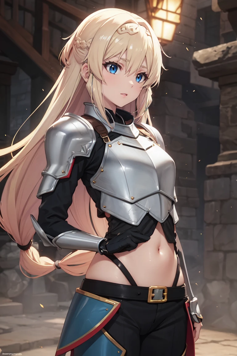 masterpiece, best quality, ultra-detailed, glistening shiny, glowing light, ray tracing, HDR, deph of field, (perfect face, detailed face), <lora:AizawaAzusa:0.7>, aizawaazusa, very long hair, braid, small breasts, armor, (chestplate:1.2), pants, cowboy shot