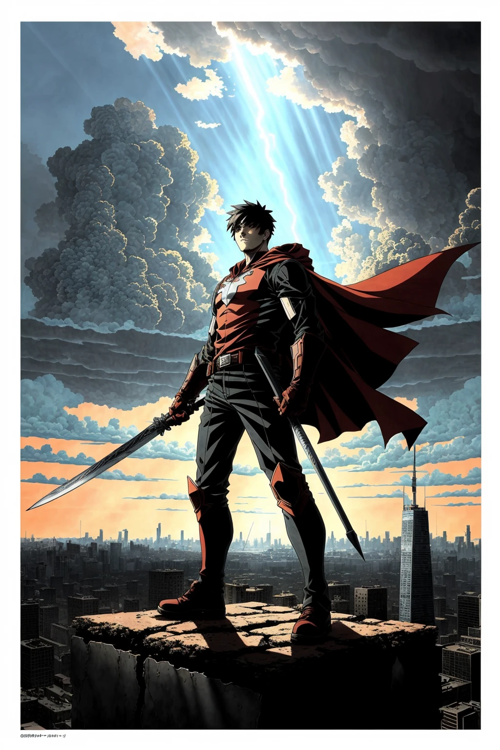 <lora:dibman_v1:1>
Create a hand-drawn manga-style dibman featuring a determined young hero standing atop a crumbling skyscraper in a post-apocalyptic cityscape. Behind them, ominous storm clouds gather, while in the foreground, fierce robotic adversaries loom. The hero wields a powerful, glowing sword, ready to embark on an epic battle for survival. Capture the intensity and emotion of this dramatic scene in your manga-style artwork with pencils on the table and a hand finishing the drawing on a paper
