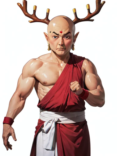 sentokun, <lora:sentokun_v1:0.9>
1boy,monk,shaved head, big head, deer horns, pointy ears, robe,single bare shoulder,bare arms,
solo, solo focus, face,fighting stance, muscular male,
