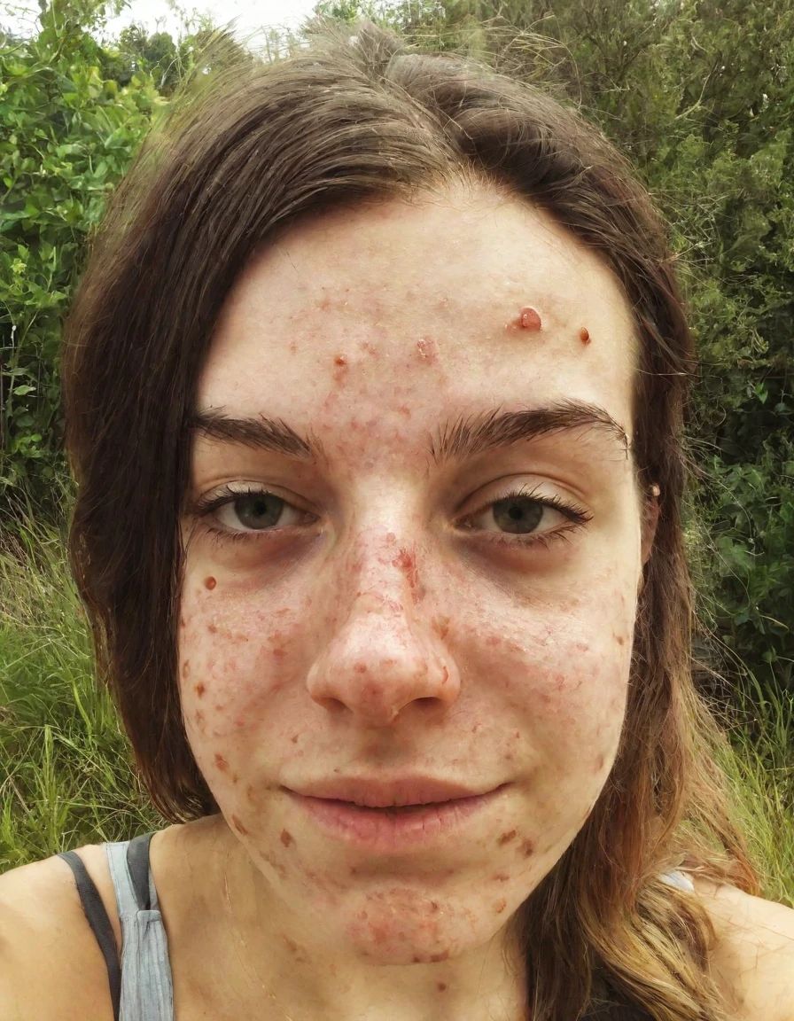 selfie of a 25 year old woman, acne, imperfect, outdoors