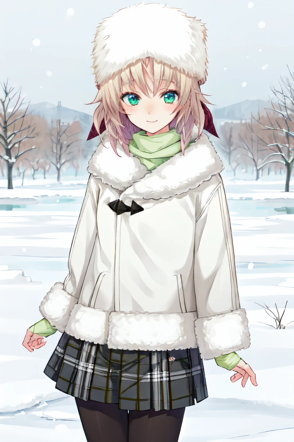 <lora:KagamigawaNoelleV1:0.8>kagamigawa noelle, kagamigawa noelle\(winter outfit\), kagamigawa noelle\(hair bow\), kagamigawa noelle\(fur hat\), kagamigawa noelle\(green turtleneck\),pantyhose, plaid skirt, 1girl, solo, smile, blush, looking at viewer ,masterpiece, best quality, snow