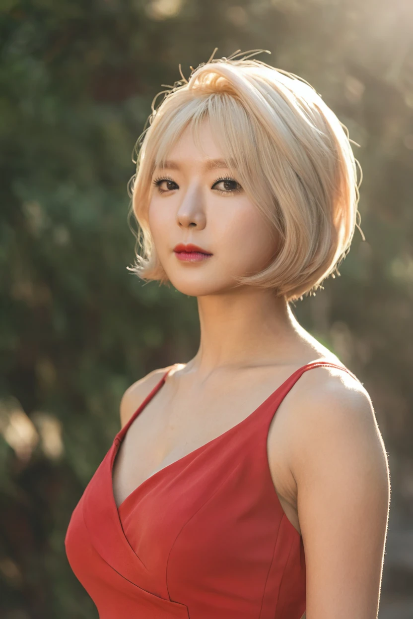 a beautiful picture of ch04xlv2,blonde,short hair, detailed skin texture,masterpiece, face focus, photorealistic, woman, 4k, HDR, backlighting, bloom, light, RAW color photo,(fully in frame:1.1), (blush:0.5), (goosebumps:0.5), wearing a red dress, asian. happy, idol <lora:ch04xlv2:1>, korean,