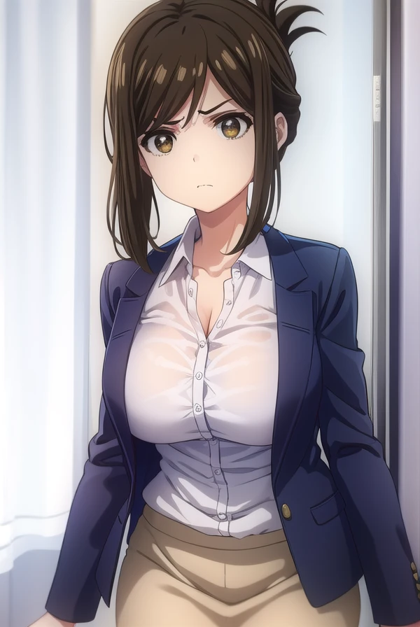 kanakojima, <lora:kana kojima s1-lora-nochekaiser:1>,
kana kojima, brown hair, (brown eyes:1.5), folded ponytail, angry, frown,
BREAK shirt, cleavage, white shirt, skirt, pencil skirt,
BREAK indoors, classroom,
BREAK looking at viewer, (cowboy shot:1.5),
BREAK <lyco:GoodHands-beta2:1>, (masterpiece:1.2), best quality, high resolution, unity 8k wallpaper, (illustration:0.8), (beautiful detailed eyes:1.6), extremely detailed face, perfect lighting, extremely detailed CG, (perfect hands, perfect anatomy),