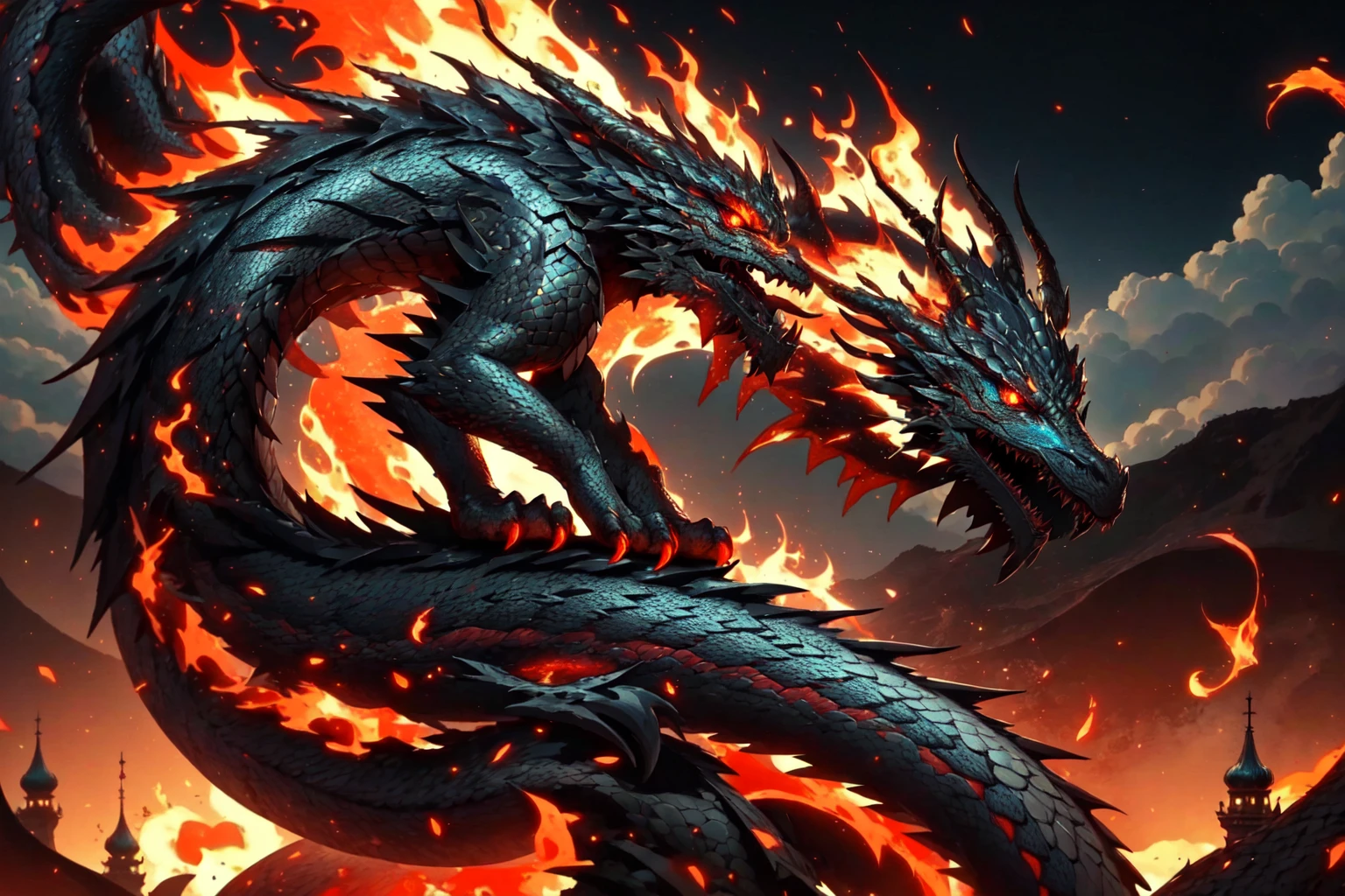 <lora:Dragons:0.5> Western Fantasy Dragon, breathing fire, flames, fire, wind, No humans, red, fantasy city on fire, volcano, black scales, glistening scales, perched,