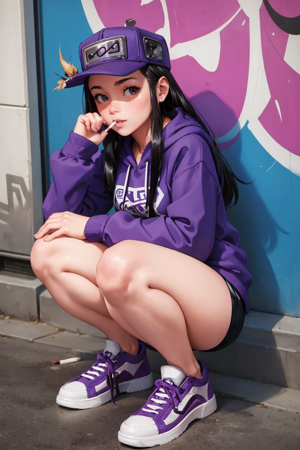 masterpiece, best quality, <lora:cassettegirl-nvwls-v1-000009:0.9> cassettegirl, hat, purple hoodie, short shorts, sneakers, cityscape, graffiti, squatting, from above, looking at viewer, happy, cigarette in mouth, smoke