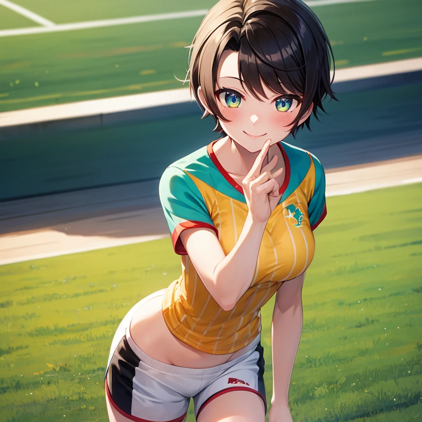 (oozora subaru:1.2), hololive, gradient eyes, black hair, add_detail:1, breasts, athletic body, slender, 1girl, solo, solo focus, (smile, blush), outdoors, sports field, official outfit, lime-green vertical striped t-shirt, white shorts with red trim