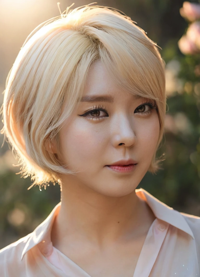 a beautiful picture of ch04xlv2,blonde,short hair, detailed skin texture,masterpiece, face focus, photorealistic, woman, 4k, HDR, backlighting, bloom, light, RAW color photo,(fully in frame:1.1), (blush:0.5), (goosebumps:0.5), wearing a blouse, asian. happy, idol <lora:ch04xlv2:1>, korean