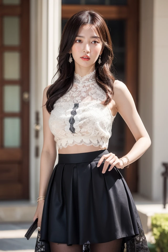 A girl of about 45 years old，simplicity，Extremely beautiful and delicate，(light make-up)，Black color hair，A sweet smile，Delicate and beautiful fair skin，Realistic and realistic，exquisite and complete facial features，Detailed depiction of the face，tall nose bridge，Red lips，Beautiful, gentle and beautiful girl，Smooth hair，extremely detail hair，Feminine temperament，Fill your face light，hyper realisitc，photorealestic，8K quality，extremy detailed，Realistic details，Works of masters，Realistic to the extreme，big breasts body，Beautiful，Pure desire，Stunning beauty，Peerless beauty，Highest image quality，8K分辨率，goddes，ssmile，Fine facial features，Hair over the shoulder，A brown-haired，Large long thick legs，(((High-waisted French top)))，(((short  skirt)))，rays of sunshine，facing at camera，The body is well-proportioned and firm，Gentle eyes，Exposing thighs，stand posture，Stand inside the mall，Full body photo