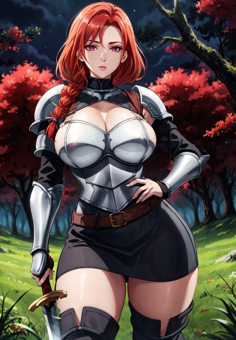 (masterpiece), best quality, expressive eyes, perfect face ,aesthetic , detailed , soft lighting ,
mature woman,1girl, milf, solo, (red eyes:1.3), (ginger hair:1.5),short hair, (braid:1.3), eyelashes, makeup,woman in black, knight,
black collar, medium breasts, curvy, thick thighs, cleavage, cutout, armor, ((breastplate)), shoulder armor, gauntlets, belt, ((black skirt)), armored thigh boots, holding a sword,
looking at viewer , outdoors, grasslands , dark forest , night, crimson sky, <lora:milfication:0.7> , <lora:add_detail:0.4>, <lora:GoodHands-beta2:1> ,