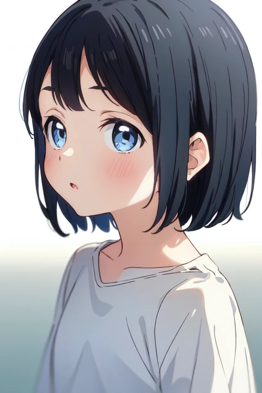 masterpiece, highres, 1girl, little girl, blue eyes, short hair, black hair, <lora:KaoAkebiR4:0.7>, KaoAkebiR4, overhalls, (simple background), upper body, white background,