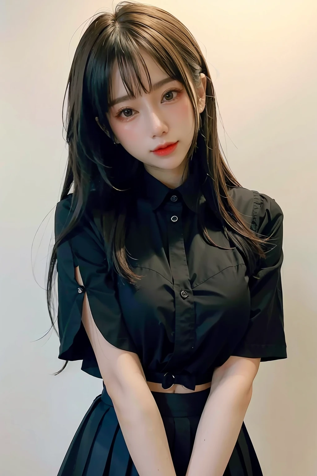 1girl,hair with bangs,black blouse and black skirt, ,white background, <lora:naoki_jub-04:1>