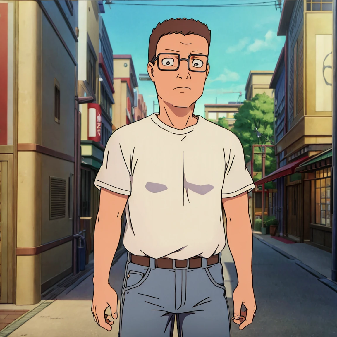 (best quality, masterpiece:1.2),anime style,ghibli, hank hill,glasses,white t-shirt,jeans,standing,japan,downtown, <lora:hank_hill_sd_1.5_v1:1><lora:add_detail:0.8>