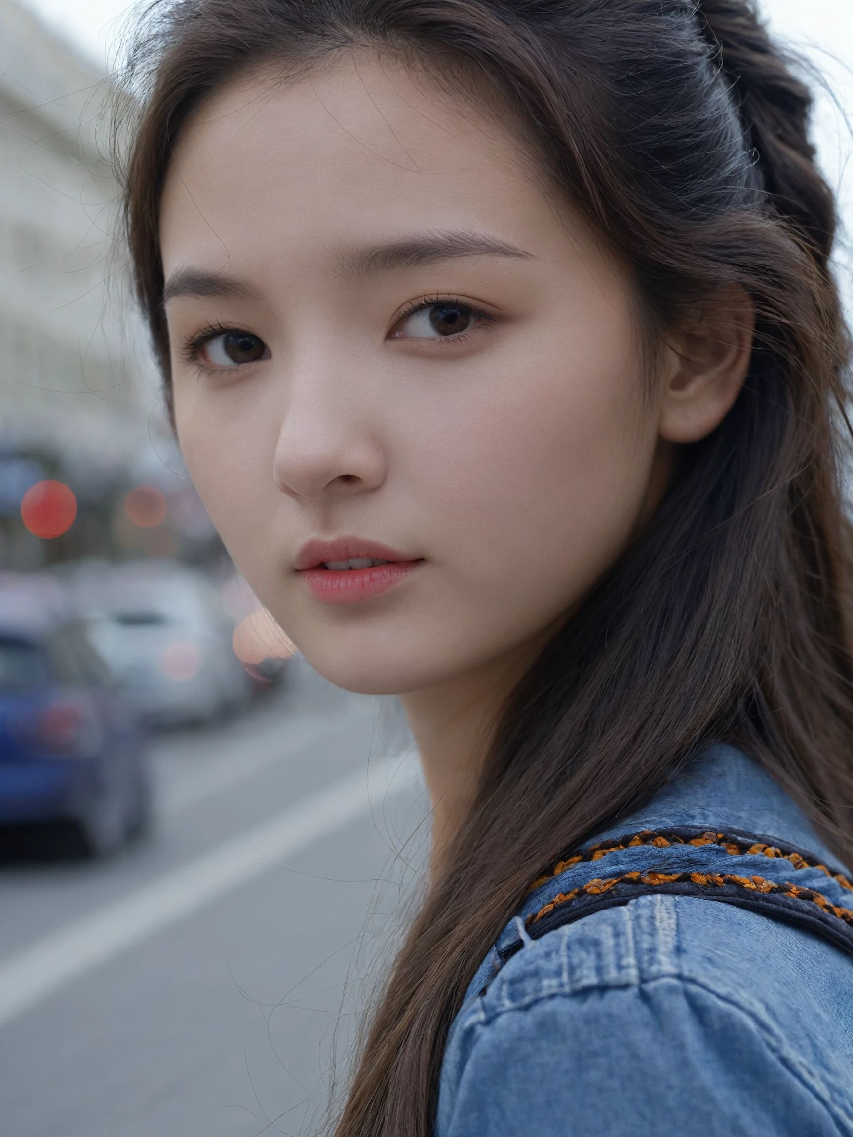 1girl, (extreme detailed face, detailed skin), close shot, upper body, outdoor, street