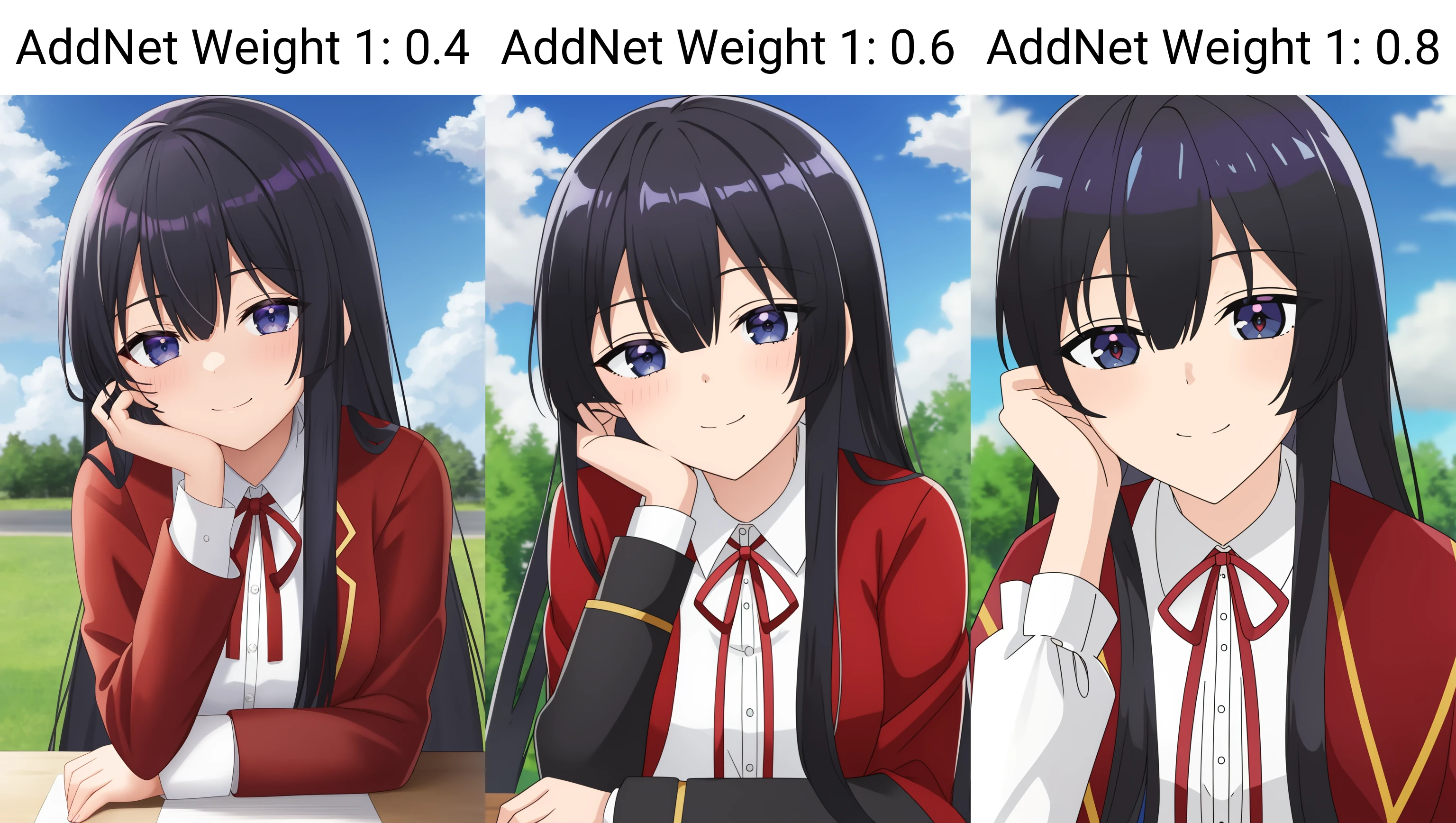 yumiella, 1girl, solo, long_hair, looking_at_viewer, smile, bangs, black_hair, long_sleeves, hair_between_eyes, closed_mouth, school_uniform, white_shirt, sidelocks, outdoors, sky, day, collared_shirt, cloud, black_eyes, red_ribbon, blue_sky, grey_eyes, neck_ribbon, parody, portrait, red_jacket, close-up, hand_on_own_face, head_rest, hand_on_own_cheek, anime_coloring