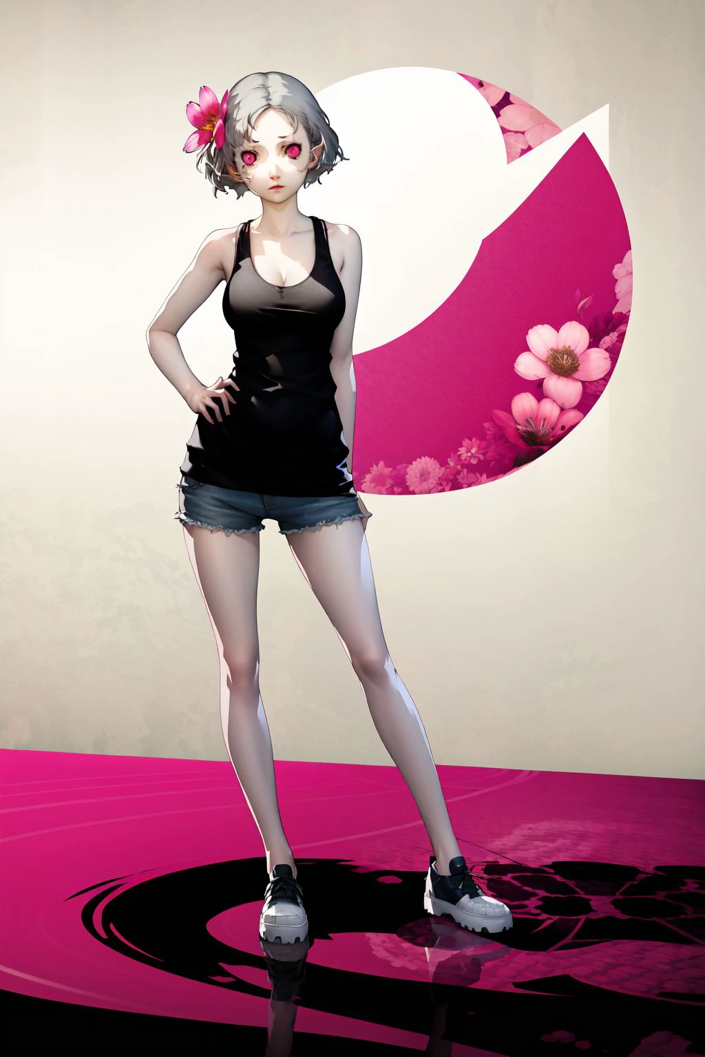 full body, solo, 1girl, stubborn, breasts, light grey hair, pink eyes, beautiful detailed face, dark purple tank top, lens flare, Pink_Mink \(flower\), floral background <lora:Soejima_render_style_v01.09:1>