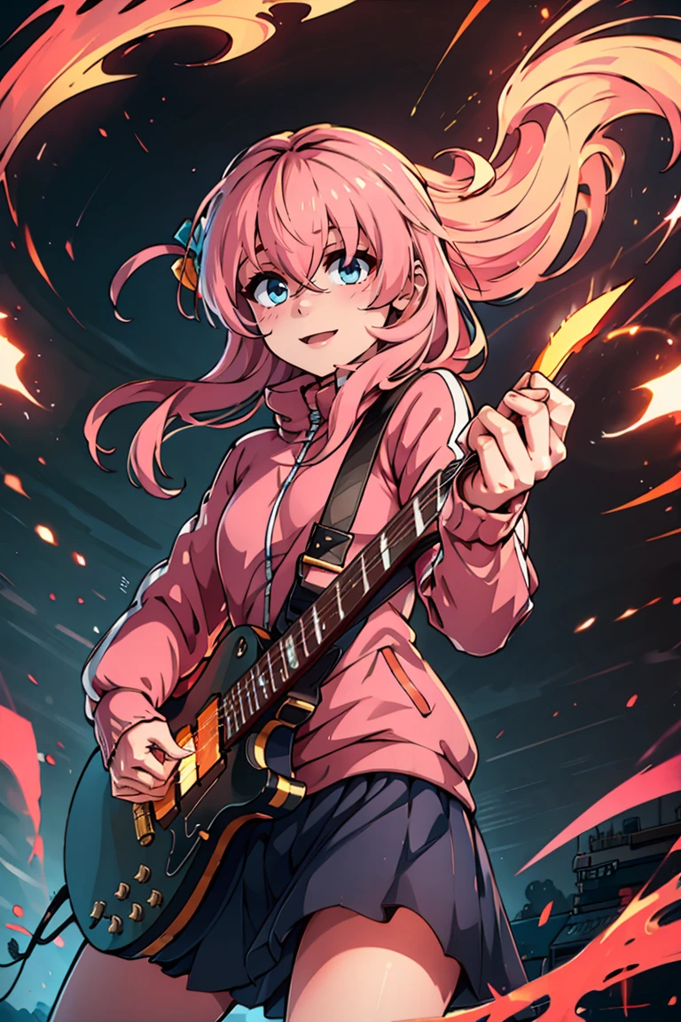 <lora:Aura_v1:0.6>, Aura, energy, glowing,swirling energy, dynamic pose,((masterpiece,best quality)), gotou1, gotou hitori, solo, skirt, pink jacket, track jacket, bangs, hair between eyes, long sleeves, <lora:gotou_hitori_v1:0.7>, stage, holding instrument, guitar,