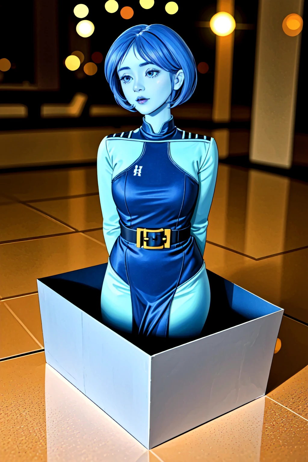 1girl in a gift box, <lora:yomama_surprise_gift_v5-10:0.8>yomama_surprise_gift_v5 <lora:LCM_LoRA_Weights_SD15:1> indoor, Christmas decoration , <lora:theweapon-nvwls-v1:0.8> thewpn, blue skin, blue bodysuit