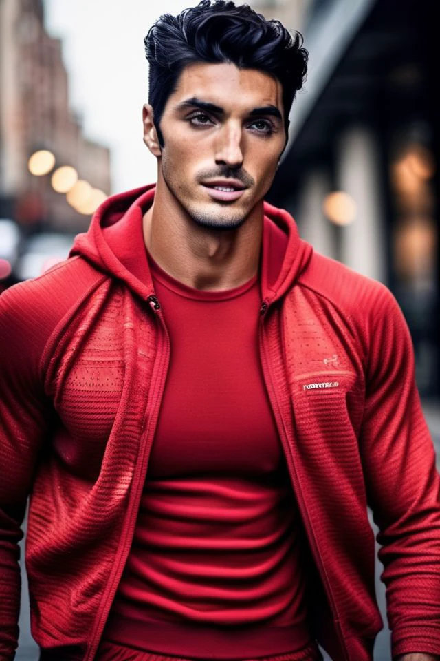 Mathieu Demy a man <lora:Taylor-Zakhar-Perez_Mathieu-Demy:0.9>, realistic photo in a worn ((skin-revealing skimpy erotic red tracksuit, massive hairy pecs)), big pecs, big arms, bulge, VPL, ((light bokeh)), intricate, (steel metal [rust]), elegant, erotic, exuding sexual energy, homoerotic, sharp focus, photo by greg rutkowski, soft lighting, vibrant colors, (masterpiece), ((streets)), (detailed face), looking at viewer, light smile, night, walking towards viewer, cinematic lighting, beautiful lighting, cinematic lighting, (hazy filter, film grain:1.2)