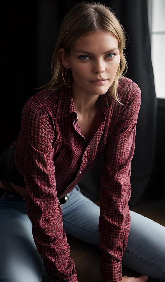 mayanderson-3200, (Masterpiece Photo:) of (Happy) woman wearing checkered red and black shirt and blue jeans staring at the viewer ,(checkered red and black shirt), (blue jeans),Highly Detailed,(close portrait:1.3),(Feminine:1.4),(beautiful:1.4),(attractive:1.3),calendar pose,perfectly detailed eyes,studio lighting,thematic background, (high detailed skin:1.2), 8k uhd, dslr, soft lighting, high quality, film grain, Fujifilm XT3, hi detail, sharp focus, perfect lighting, awesome, dslr, 4k high quality. extra detail, extra sharp, magical, perfect moment, natural skin, pores