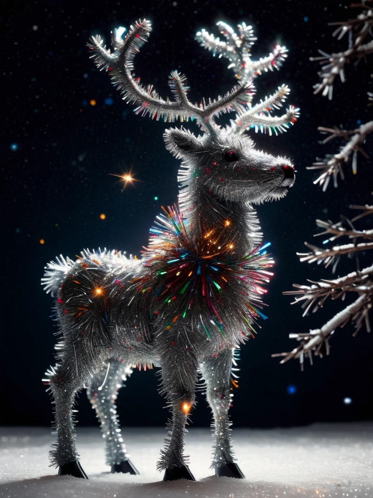 reindeer made of ral-tinsel standing outside in the snow, bright stars night <lora:ral-tinsel-sdxl:0.7>