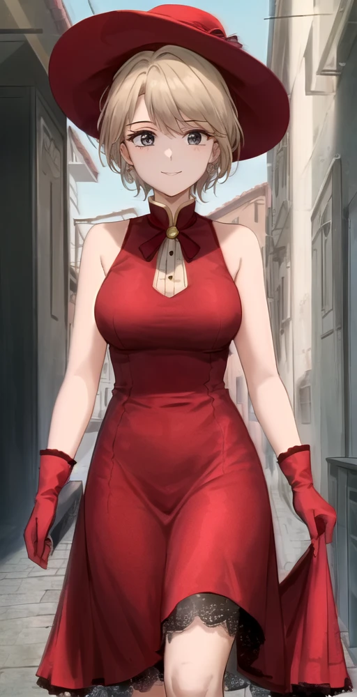 YH, 1girl, solo, portrait, smile, looking at viewer, walking street, italy, long red velvet sleeveless lace dress, large hat, long gloves, perfect quality, good quality, masterpiece, HDR, UHD <lora:Yui Hongo:0.8>