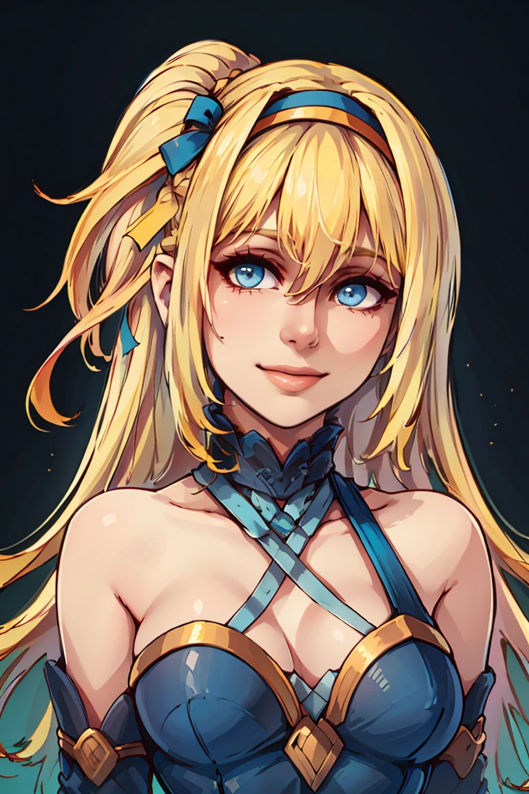 ((masterpiece,best quality)), absurdres,
<lora:Marina_Lucce_Maxetto_OC:0.8>, Marina_Lucce_Maxetto_OC, 1girl, solo, blonde, very long hair, french braid,
looking at viewer, smile, dress, ribbon, bare shoulders, hair ribbon, upper body, hairband, choker, gradient, gradient background, blue dress, halterneck, one side up, blue background, blue hairband, blue choker,
side view, head tilt,