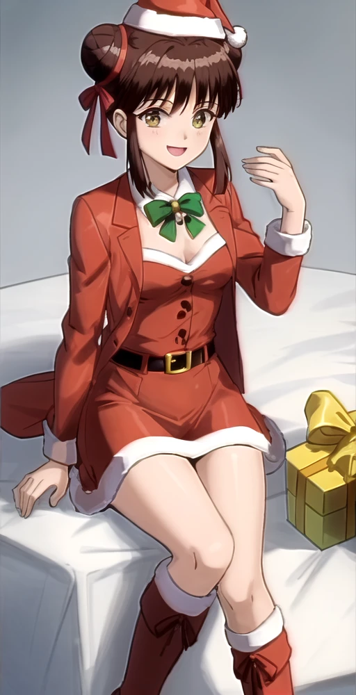 MY, 1girl, solo, small breasts, smile, double buns, hair ribbons, santa hat, santa jacket, santa boots, perfect quality, good quality, masterpiece, HDR, UHD <lora:Miaka Yuuki:0.8>