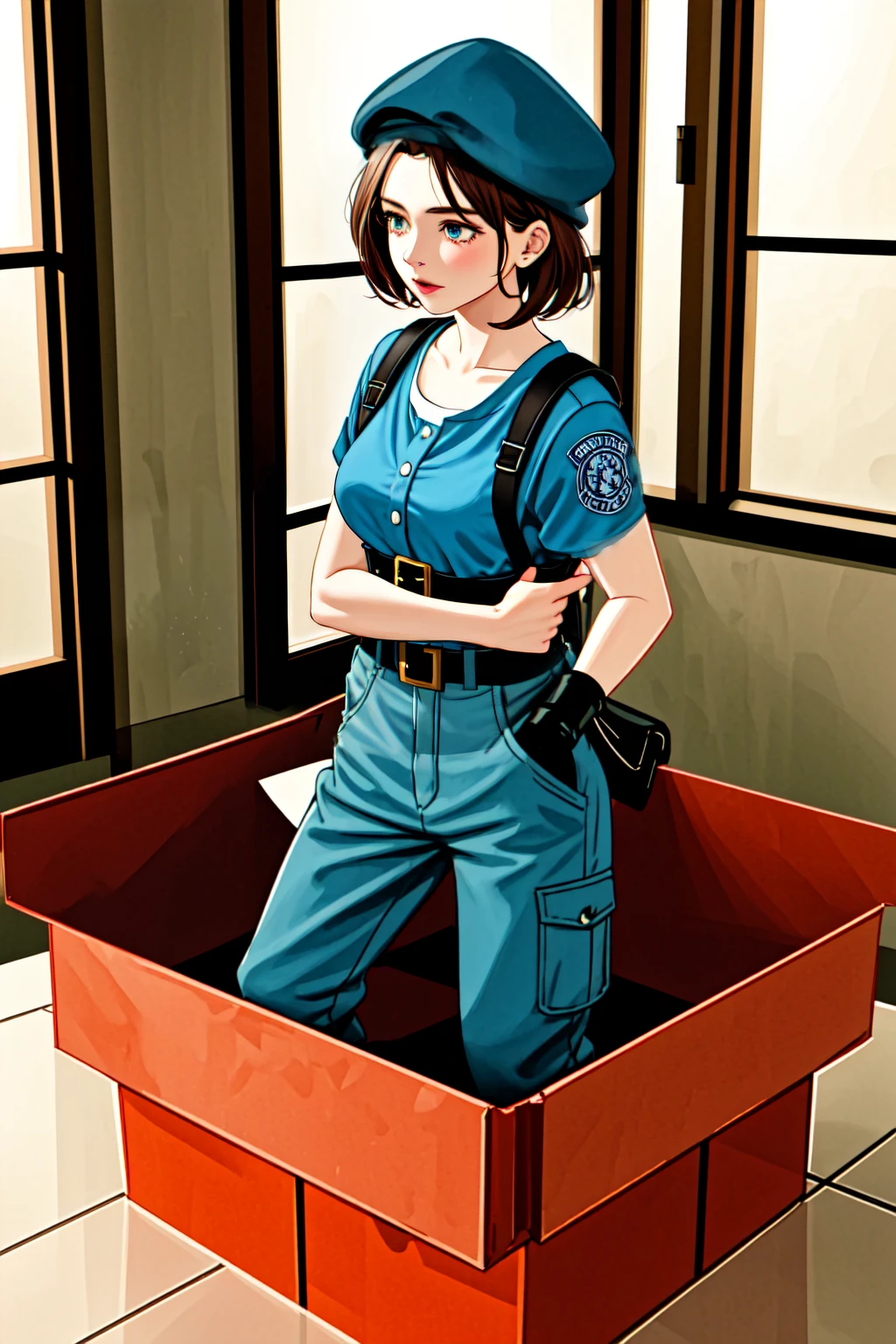 1girl in a gift box, <lora:yomama_surprise_gift_v5-10:0.mama_surprise_gift_v5 <lora:LCM_LoRA_Weights_SD15:1> indoor, Christmas decoration <lora:jillvalentine-re-richy-v1:0.75> jillre1, beret, uniform, shoulder pads, short sleeves, harness, belt, pants, combat boots, belt pouch, fingerless gloves,