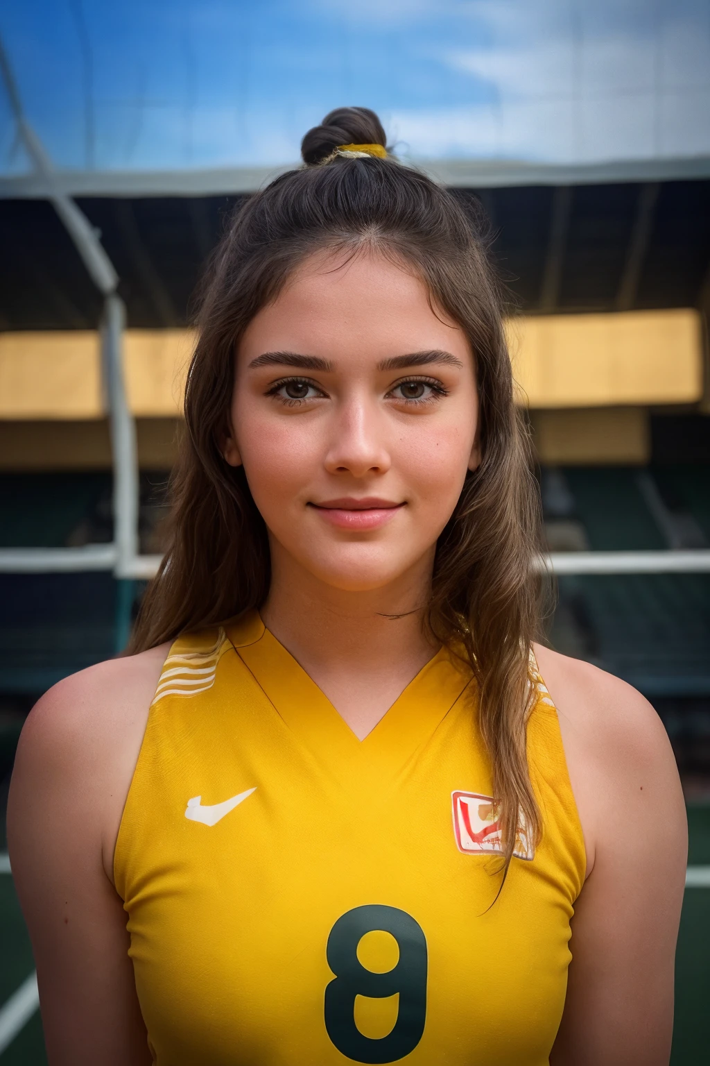 analog film photo Sports photography of 1girl, ((smirk)), detailed skin, ((long brunette hair)), (((yellow volleyball uniform))). (((stadium interior))), ((upper body:1.2)) <lora:PAseer-SDXL-LCM+Turbo:1> <lora:ReaLora:.2> detailed skin  <lora:TRA_-_Zehra_Gunes:1> zehragunes . faded film, desaturated, 35mm photo, grainy, vignette, vintage, Kodachrome, Lomography, stained, highly detailed, found footage