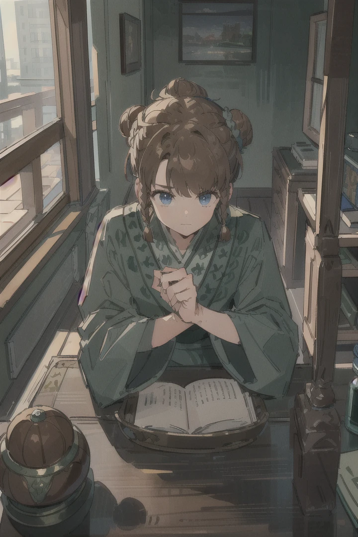 1boy, (Highest picture quality), (Master's work), (ultra-detailed), (Detailed eye description:1.2), (masterpiece, best quality, high quality, highres, ultra-detailed), solo, <lora:Hu-Jia:1>, dark blue eyes, brown hair, braids, asymmetrical bangs, (1bunch:1.3), (1bun on top of head:1.3), sits by the table, chinese room, books, very much books, scrolls, letter brushes