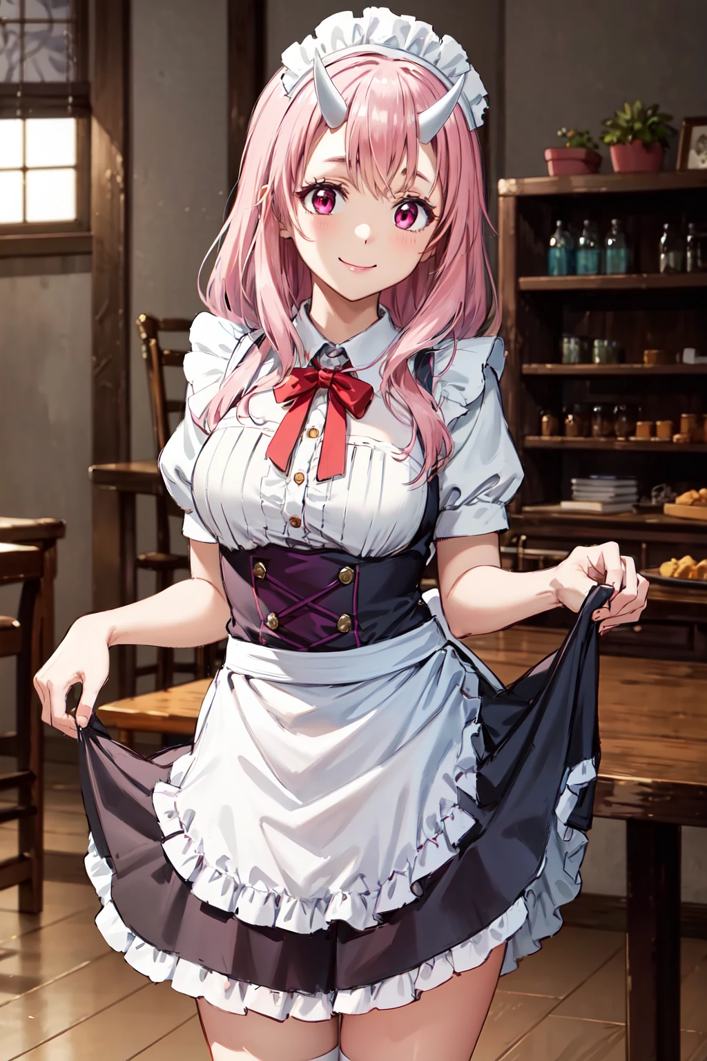 masterpiece,best quality,highres,ultra-detailed,aashuna,oni horns,long hair,hair ornament,<lora:shuna_(tensei_shitara_slime_datta_ken):0.7>,indoors,maid,maid headdress,apron,(skirt hold:1.2),standing,cowboy shot,smile,
