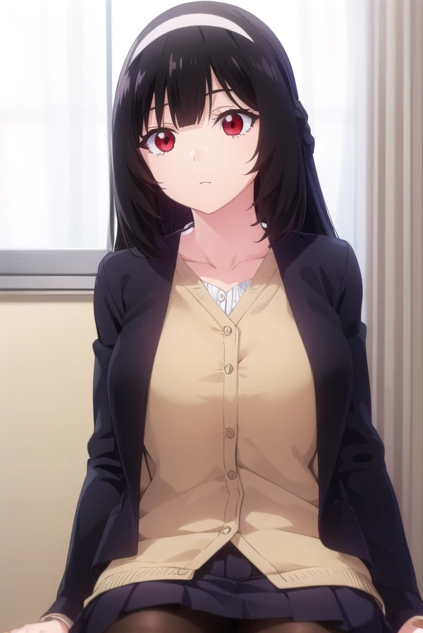 kareninukai, <lora:karen inukai s1-lora-nochekaiser:1>,
karen inukai, long hair, black hair, (red eyes:1.3),
BREAK skirt, school uniform, pleated skirt, hairband, black pantyhose, cardigan, white hairband,
BREAK indoors, classroom,
BREAK looking at viewer,
BREAK <lyco:GoodHands-beta2:1>, (masterpiece:1.2), best quality, high resolution, unity 8k wallpaper, (illustration:0.8), (beautiful detailed eyes:1.6), extremely detailed face, perfect lighting, extremely detailed CG, (perfect hands, perfect anatomy),