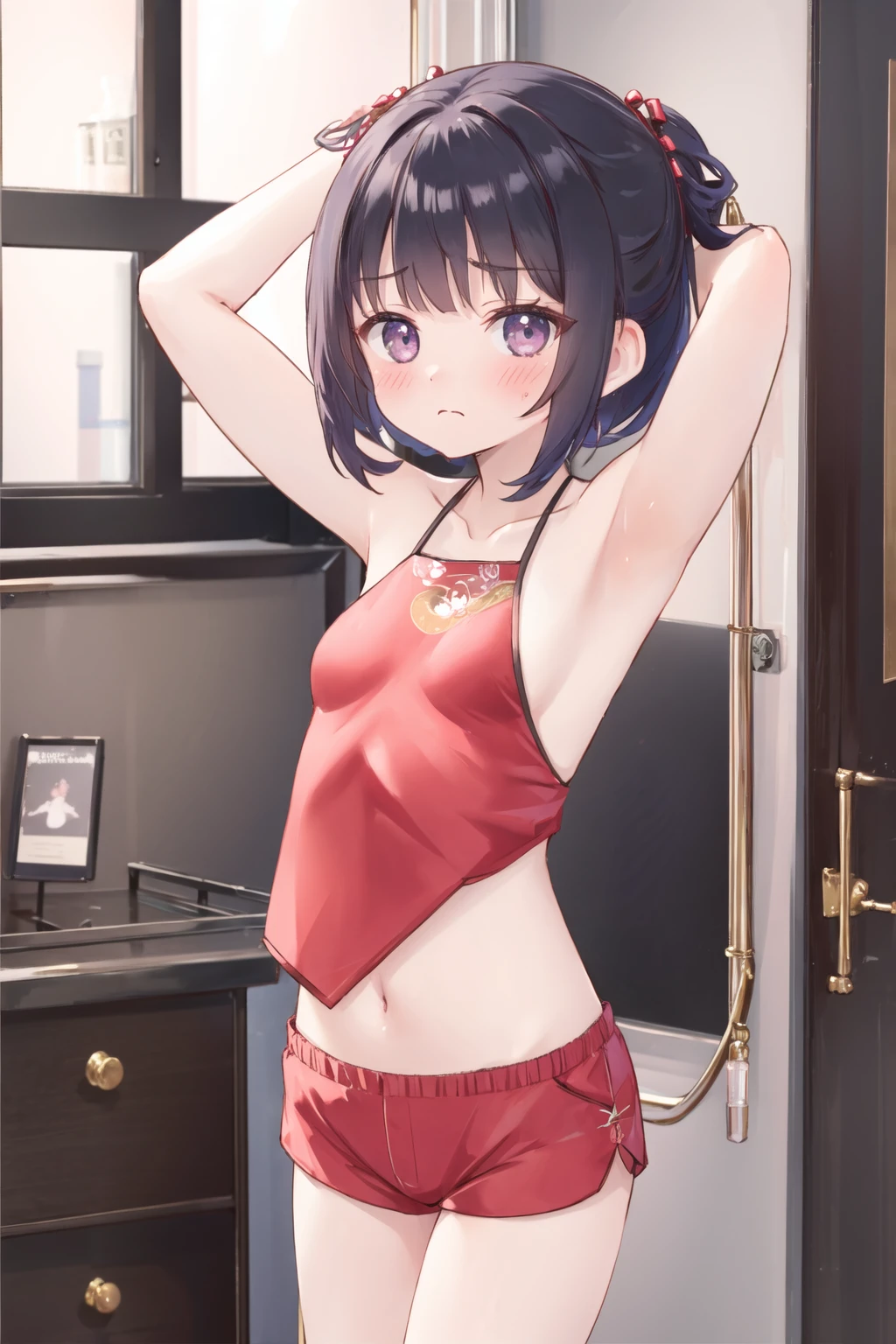 <lora:dudou2:0.8>, (dudou), frown, small breasts, arms up, indoors, blush, short shorts, mature female, looking at viewer