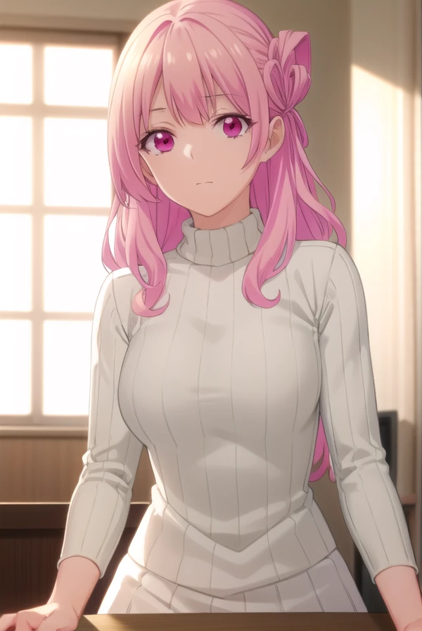 usagitsukishiro, <lora:usagi tsukishiro s1-lora-nochekaiser:1>,
usagi tsukishiro, long hair, pink hair, (pink eyes:1.5), hair bun,
BREAK skirt, sweater, turtleneck, white skirt, ribbed sweater,
BREAK indoors,
BREAK looking at viewer,
BREAK <lyco:GoodHands-beta2:1>, (masterpiece:1.2), best quality, high resolution, unity 8k wallpaper, (illustration:0.8), (beautiful detailed eyes:1.6), extremely detailed face, perfect lighting, extremely detailed CG, (perfect hands, perfect anatomy),