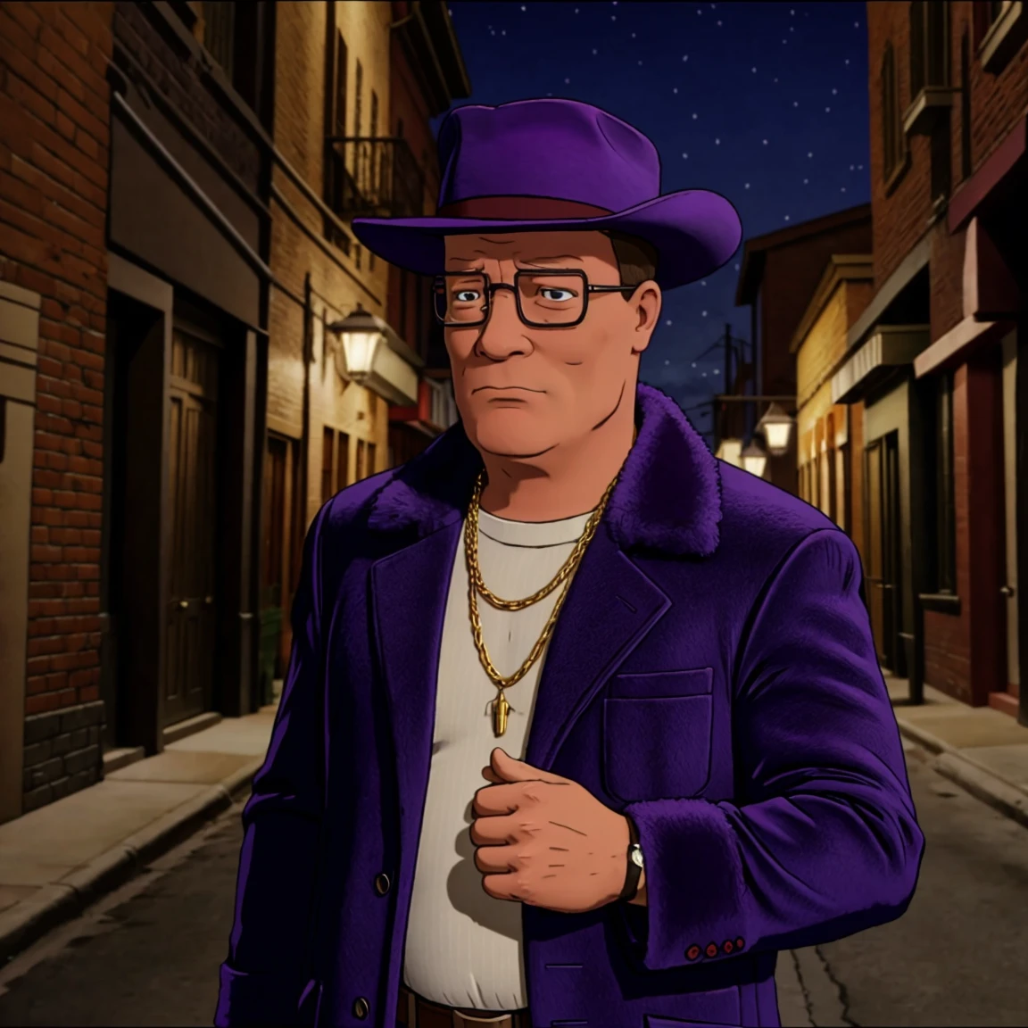 (best quality, masterpiece:1.2),realistic, hank hill as a pimp,purple fedora,purple fur coat,gold chain,alley,outside,upperbody, <lora:hank_hill_sd_1.5_v1:0.8><lora:add_detail:0.7>