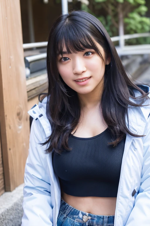 1girl, (wearing a cropped top and parka:1.5),(RAW photo, best quality), (realistic, photo-realistic:1.4), masterpiece, an extremely delicate and beautiful, extremely detailed, 2k wallpaper, Amazing, finely detail, extremely detailed CG unity 8k wallpaper, ultra-detailed, highres, soft light, beautiful detailed girl, extremely detailed eyes and face, beautiful detailed nose, beautiful detailed eyes,cinematic lighting,(in the city:2.2),perfect anatomy,(slender body:1.0),(close-up shot:2.6),(laugh,Friendly , warm:2.0),(looking at viewer:2.2),(young japanese idol:1.8),(wavy long hair:1.8), (brown eyes:1.8),<lora:shindouamane_lora-11:0.8>