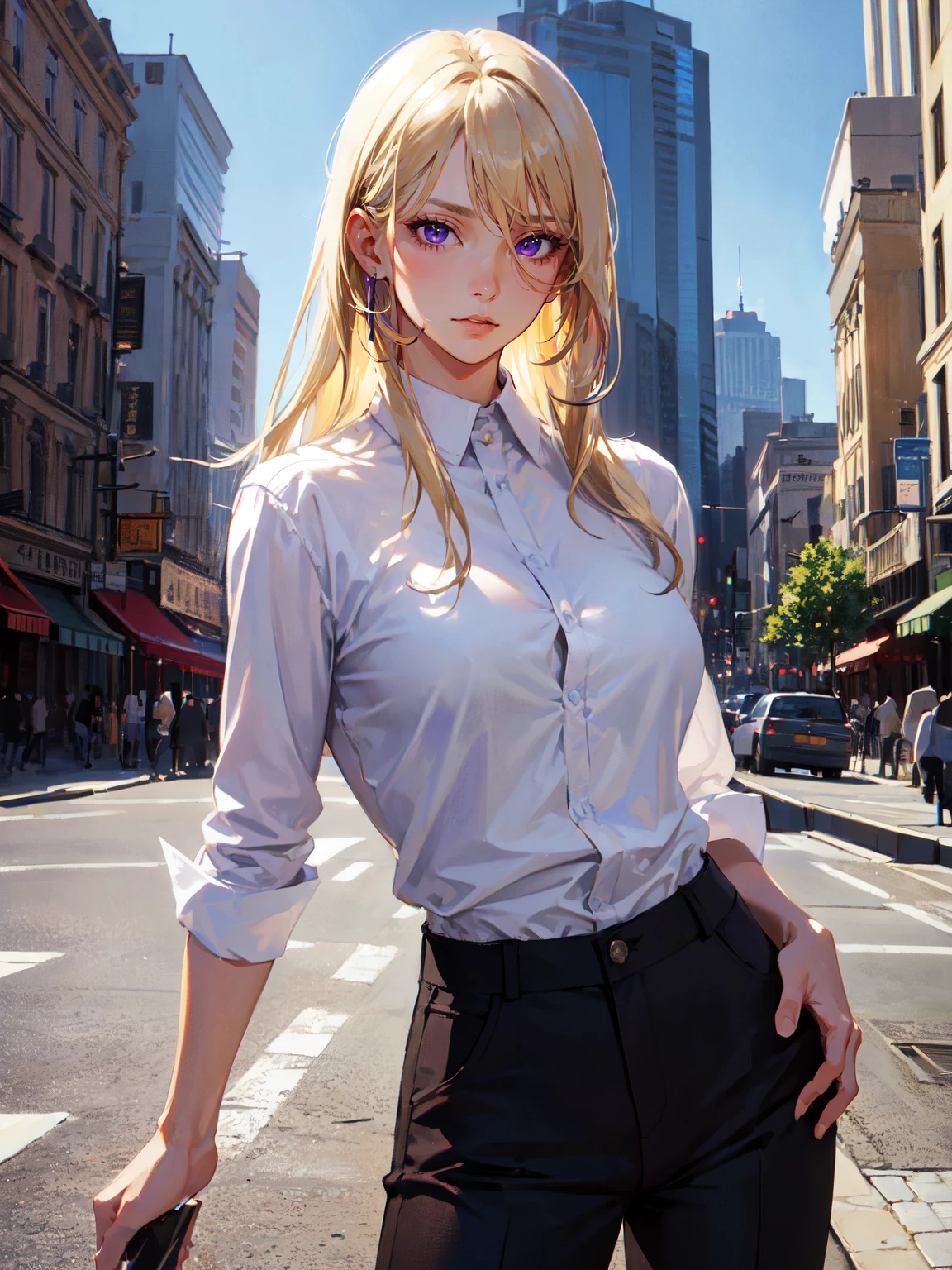 highres,absurdres,masterpiece,best quality, realistic,cowboy shot,

mature female,blonde hair,sharp eyes,purple eyes,white shirt,black capri pants,

street snap,
