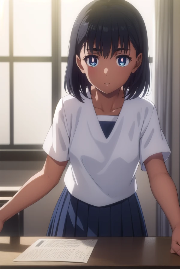 miokofune, <lora:mio kofune s1-lora-nochekaiser:1>,
mio kofune, short hair, blue eyes, black hair, dark skin, dark-skinned female, (bright pupils:1.5),
BREAK skirt, shirt, school uniform, white shirt, short sleeves, pleated skirt, serafuku, socks, blue skirt, white socks,
BREAK indoors, classroom,
BREAK looking at viewer,
BREAK <lyco:GoodHands-beta2:1>, (masterpiece:1.2), best quality, high resolution, unity 8k wallpaper, (illustration:0.8), (beautiful detailed eyes:1.6), extremely detailed face, perfect lighting, extremely detailed CG, (perfect hands, perfect anatomy),