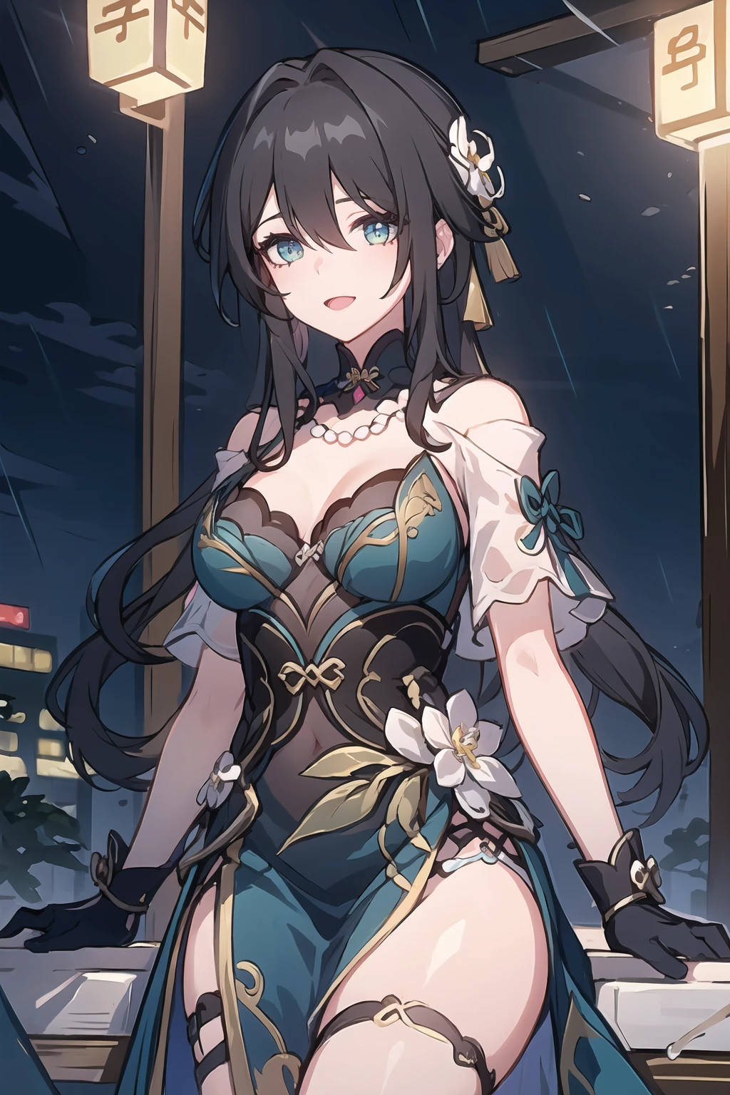 masterpiece,best quality,detialed,
ruanmei,ruanmei_official,chinese dress,breasts,long hair,hair between eyes,black hair,bangs,medium breasts,cleavage,hair ornament,thigh strap,white flower,beads,gloves,jewelry,flower,dress,earrings,bare shoulders,blue dress,hair intakes,ruby necklace,black choker,
green eyes,blue eyes,
1girl,cityspace,spot color,:d,looking at phone,valentine,rainy days,<lora:鮿¢
1first_0.8+鮿¢
2ç»é£_0.9:0.9>,