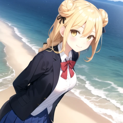 ((masterpiece)),(best quality),official art,extremely detailed CG,unity 8k wallpaper,ultra detailed,A lighthouse on a cliff by the sea,1girl,solo,upper body,looking at viewer,pov,hoshimiya mukuro,very long hair,hair bun,double bun,arms behind back,blonde hair,braid,hair bow,hair ribbon,large breasts,school uniform,smile,striped pantyhose,yellow eyes,pleated skirt,blue skirt,black jacket,white shirt,brown loafers,<lora:Hoshimiya Mukuro(dal)>,<lora:Hoshimiya Mukuro(dal):0.5>,