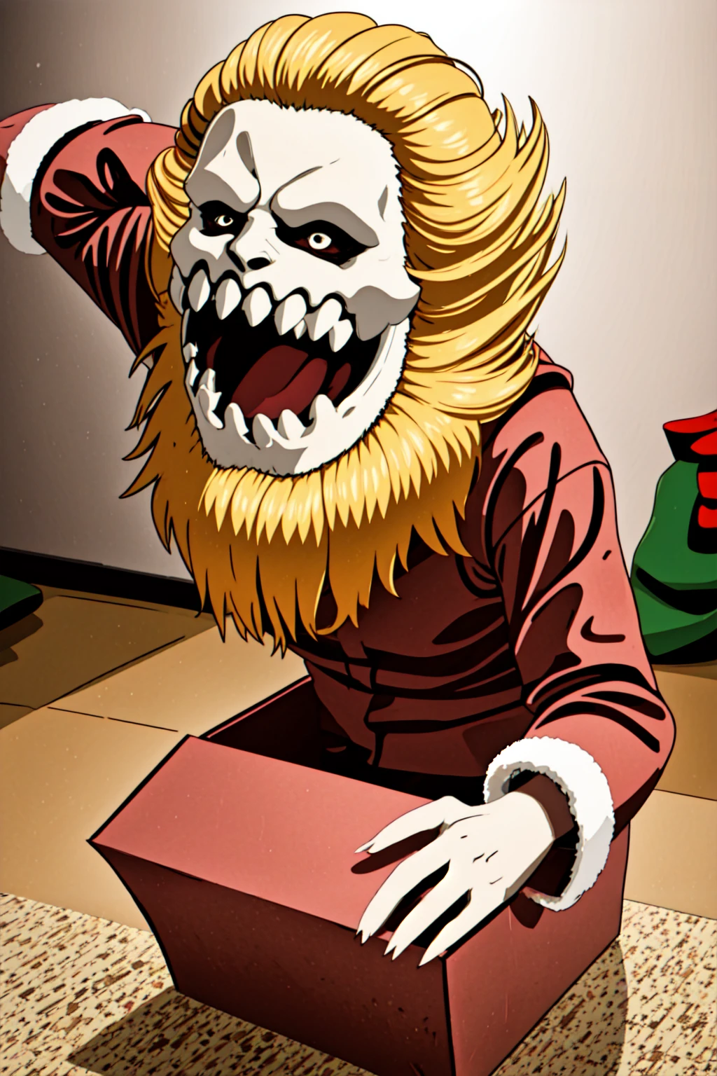 1monster in a gift box, <lora:yomama_surprise_gift_v5-10:0.mama_surprise_gift_v5 <lora:LCM_LoRA_Weights_SD15:1> indoor, Christmas decoration <lora:yomama_jaw_titan-10:0.8> yomama_jaw_titan, open mouth, sharp teeth, blonde hair,
